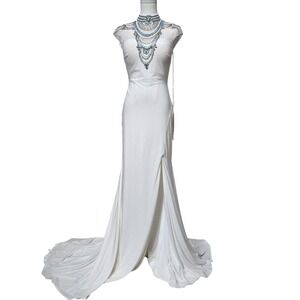 Madison‎ James Dress Womens 4 Ivory Beaded High Neck Formal Gown Train Evening